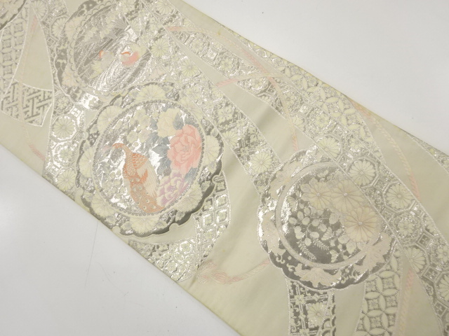 JAPANESE KIMONO / ANTIQUE FUKURO OBI / SILK / PLATINUM​ FOIL / WOVEN PLATE PATTERN